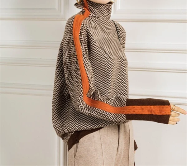 Women's Turtleneck Jumper | Herringbone Chevron Pattern, Stripe Sleeve Panels 4