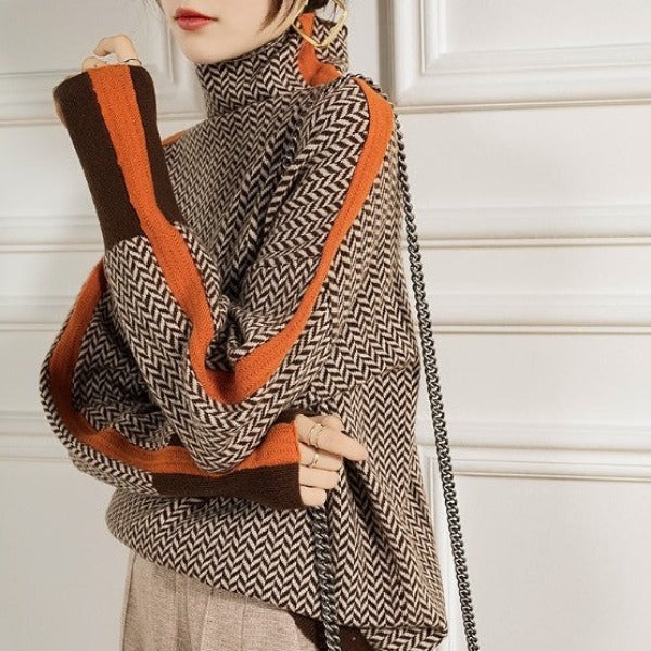 Women's Turtleneck Jumper | Herringbone Chevron Pattern, Stripe Sleeve Panels 5