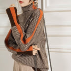 Women's Turtleneck Jumper | Herringbone Chevron Pattern, Stripe Sleeve Panels 5