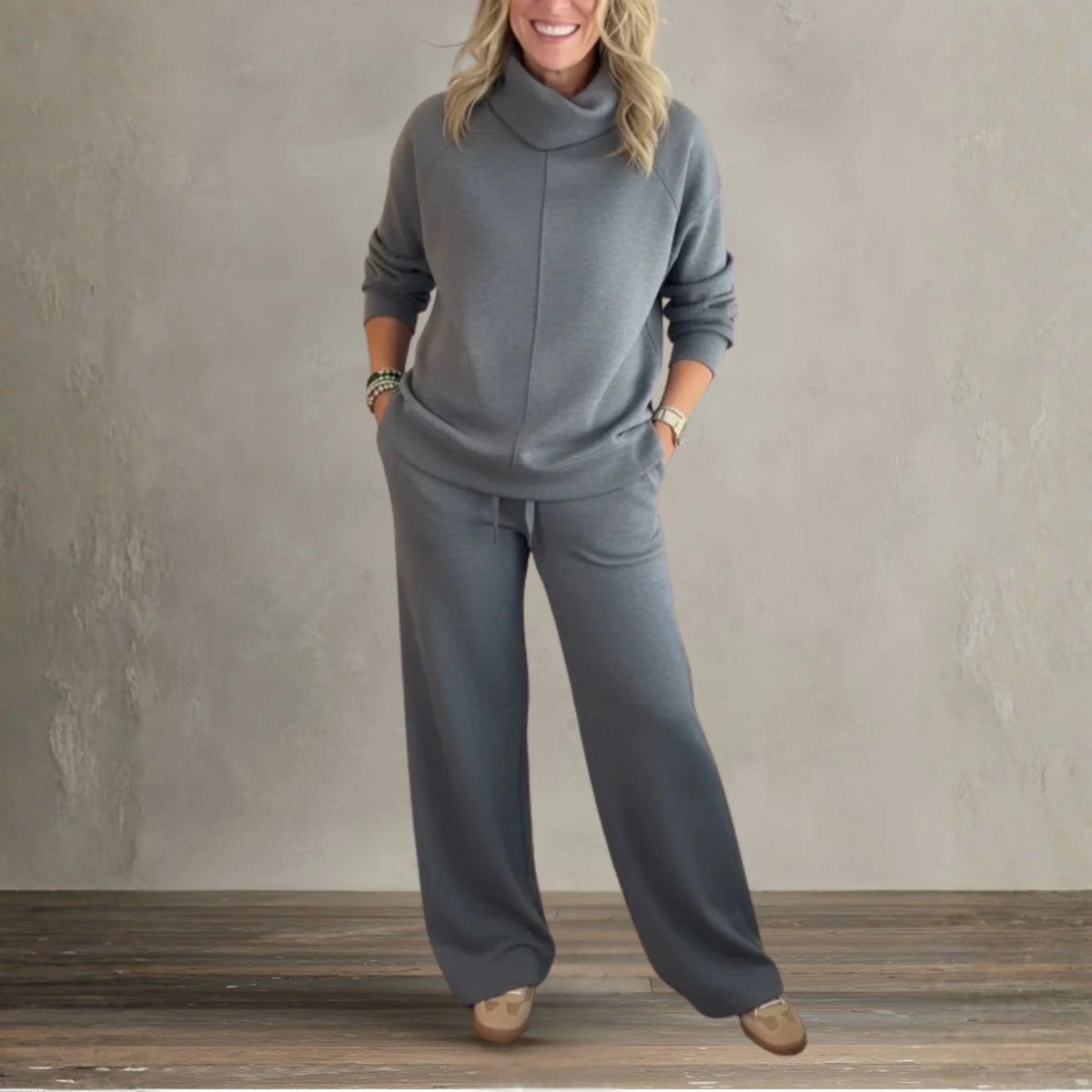 Women's Two Piece Set | High Collar Sweatshirt, Adjustable Wide Leg Pants 10