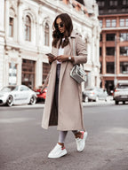 Women's Wool Blend Coat | Lapel Collar, Self-Tie Belt, Long Sleeves 2